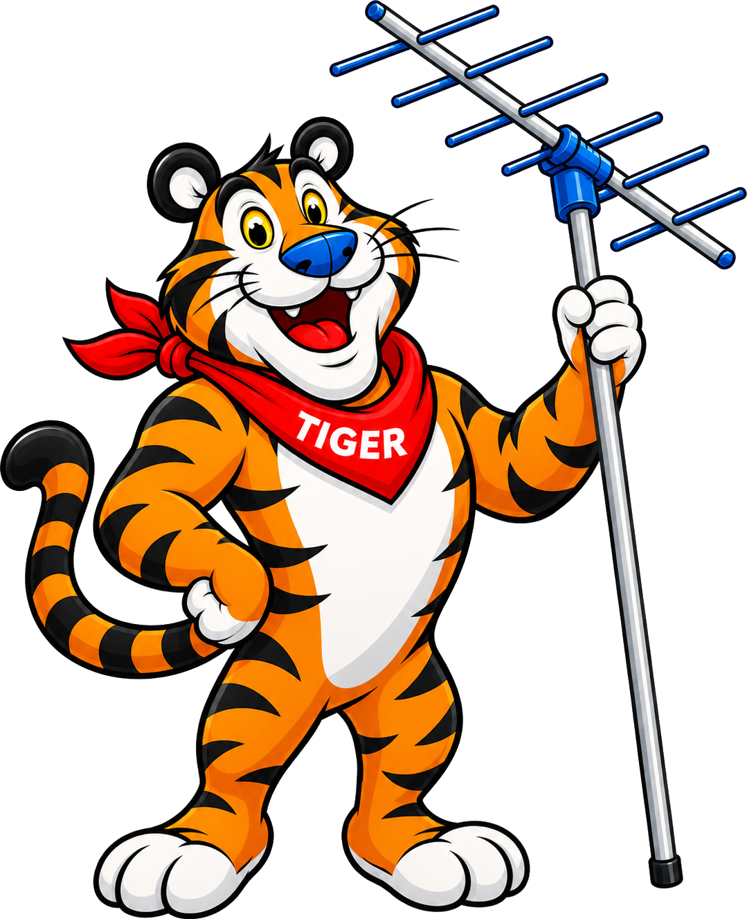 Tiger Antennas mascot holding a TV antenna